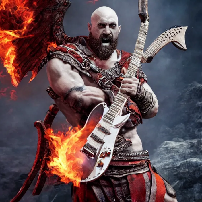 Image similar to kratos rocking out on a flaming stratocaster guitar, cinematic render, god of war 2 0 1 8, playstation studios official media