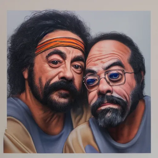 Image similar to portrait of cheech and chong, ultra realistic, highly detailed, hd, sharp focus, highly detailed, vivid colors, cinematic lighting,