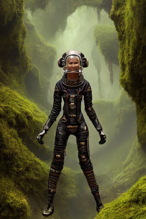 Image similar to a half body portrait of a futuristic steampunk female astronaut full body, symetrical young face steampunk astronaut walking inside a very lush mossy cave by Bastien Lecouffe-Deharme and marc simonetti natural volumetric lighting, realistic 4k octane beautifully detailed render, 4k post-processing