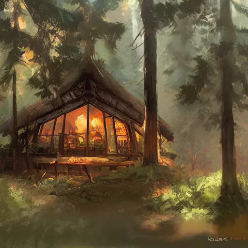 Prompt: shelter in the forest by krenz cushart