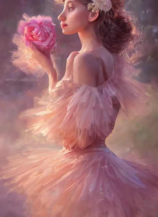 Image similar to stunningly beautiful face, prima ballerina in rose garden, symmetrical face, tutu, golden hour, smooth, focus, highly detailed, hyper realistic, dramatic lighting, elegant, intricate, concept art, art by wlop, mars ravelo, greg rutowski, artstation