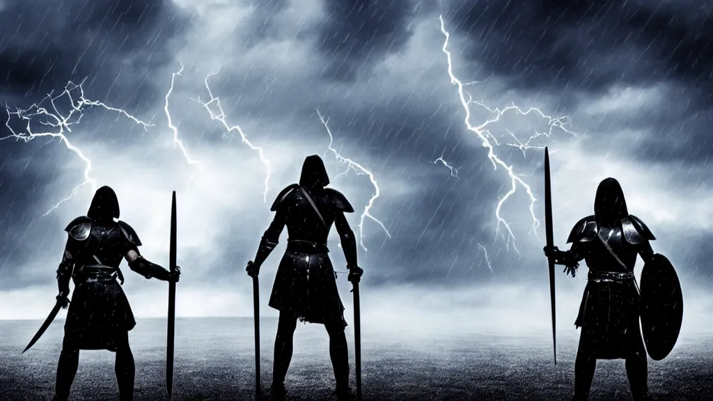 Image similar to two warriors holding swords standing looking up at a villain silhouette thunder lighting storm heavy rain dark clouds