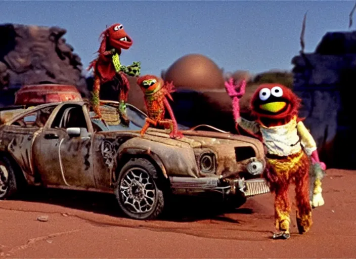 Image similar to scene from the 1979 science fiction film Muppet Mad Max