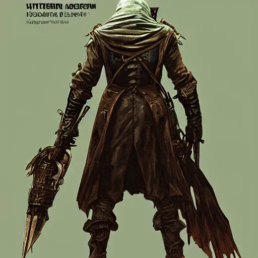 Image similar to an ultra detailed vector image of the hunter from bloodborne in a set of fallout power armor, concept art by alphonse mucha and greg rutkowski, scary shadows, blood moon eclipse, octane render, laminal space