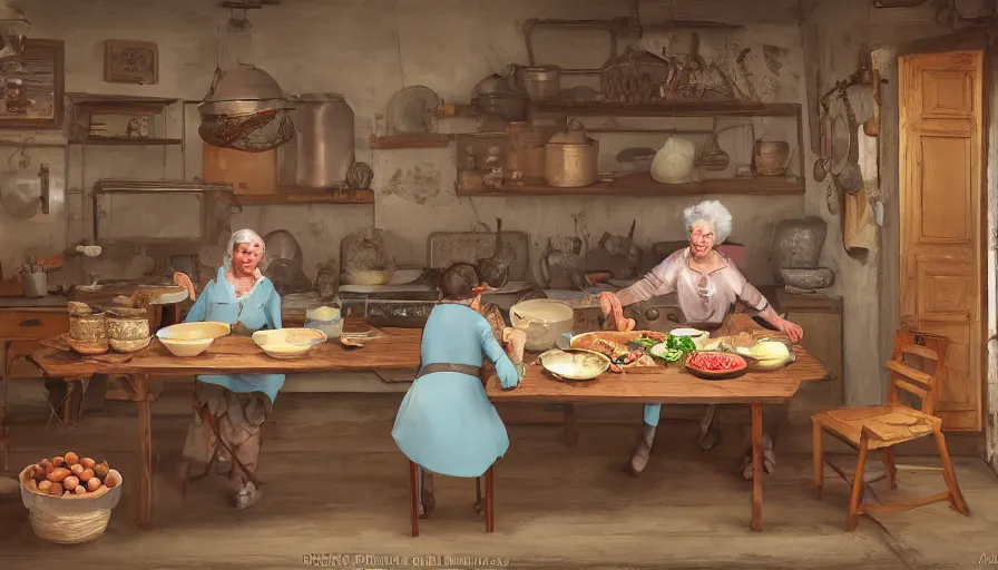 Prompt: old polish lady cooking in an old kitchen, old 1 8 0 0's house, pan and plates, fruits and legumes, old wooden tables and chairs, hyperdetailed, artstation, cgsociety, 8 k