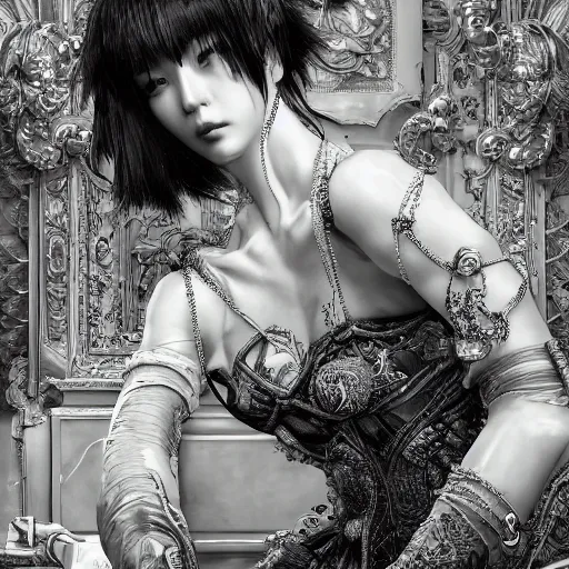 Prompt: the portrait of an absurdly beautiful, graceful, elegant, sophisticated, fashionable cyberpunk gravure idol, an ultrafine hyperdetailed illustration by kim jung gi, irakli nadar, takato yamamoto, intricate linework, bright colors, porcelain skin, unreal engine 5 highly rendered, cgsociety, global illumination, radiant light, detailed and intricate environment