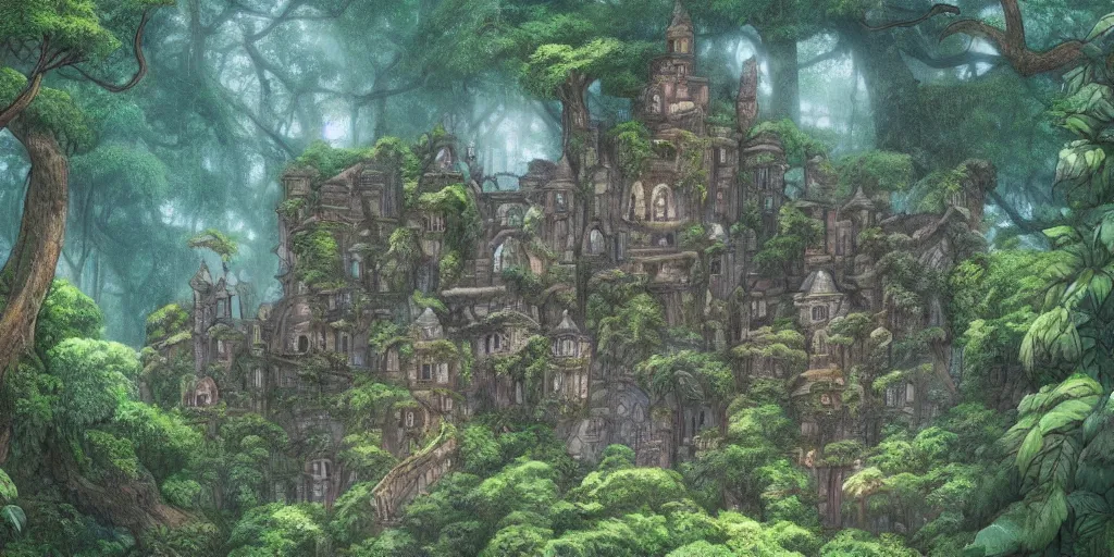 Image similar to a castle hidden in the jungle, overgrown with trees, misty, whimsical, ghibli art style, highly detailed, 4 k