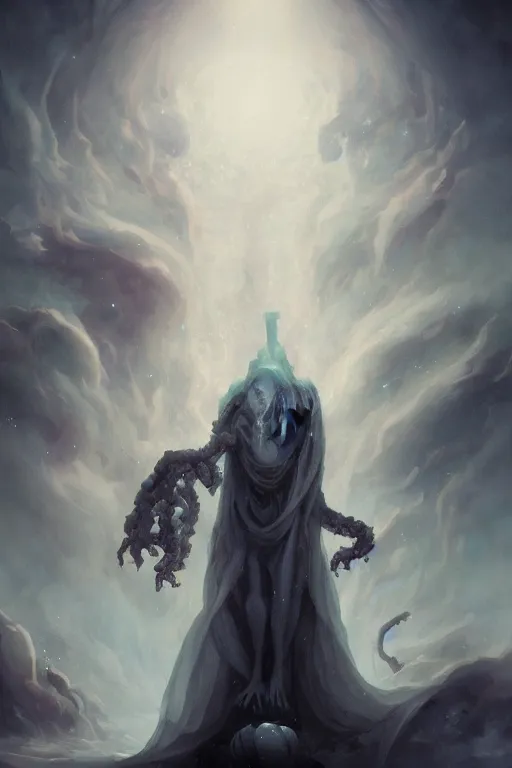 Image similar to a humanoid creature with pale white skin. the creature is bald. it is wearing a black flowing cloak that looks like mist. it is crafting an landscape in the astral plane. cosmic horror. art by peter mohrbacher and gaston bussiere.