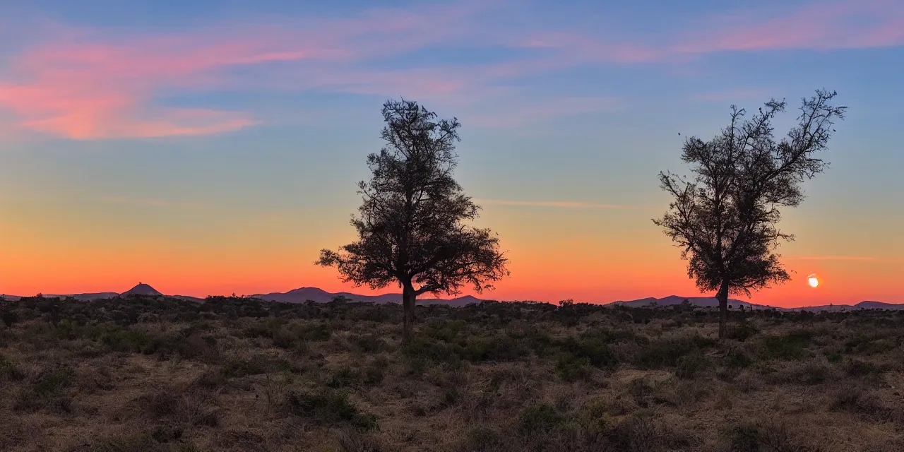 Prompt: twilight on a blue desert, organic tower in the middle distance, green tinged sky with a red sun