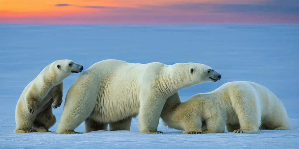 Prompt: a photo of a t-rex hugging a polar bear in the north pole, golden hour, award-winning photograph, national geographic, 8K UHD