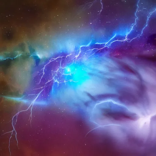 Image similar to nebula made of lightning, planets, shore, twister, 4 k