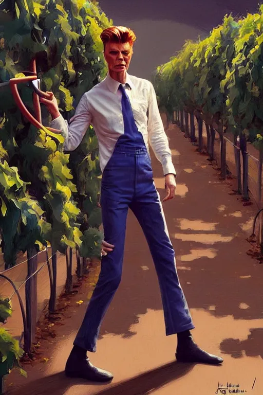 Image similar to david bowie 1 9 7 3 working in a winery, animation pixar style, by magali villeneuve, artgerm, jeremy lipkin and michael garmash, rob rey and kentaro miura style, golden ratio, trending on art station