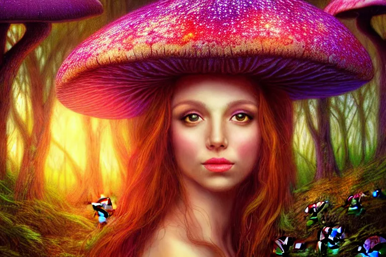 Image similar to a realistic portrait of a beautiful mushroom goddess in an enchanted psychedelic mushroom forest, at sunset, wlop,