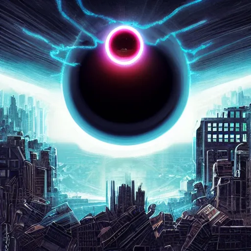 Image similar to black hole rising above city, city destroyed by shockwave, black hole with accretion disс, digital art, vector logo, sticker, art by stefan koidl, brock hofer, marc simonetti