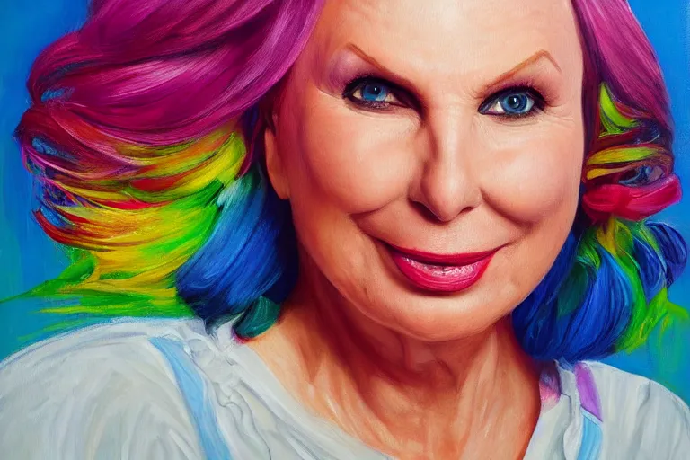 Image similar to A bright, happy painting of a Jennifer Saunders, beautiful, hyperrealistic, high-quality, professional, dramatic lighting, extremely high detail, trending on artstation