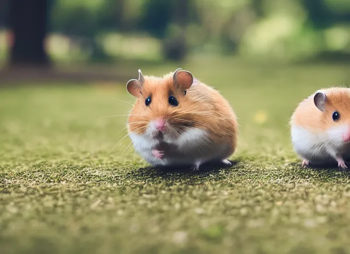 Prompt: photo of a hamsters walking in a park, cinematic color grading, various poses, soft light, faded colors, well framed, sharp focus, 8 k