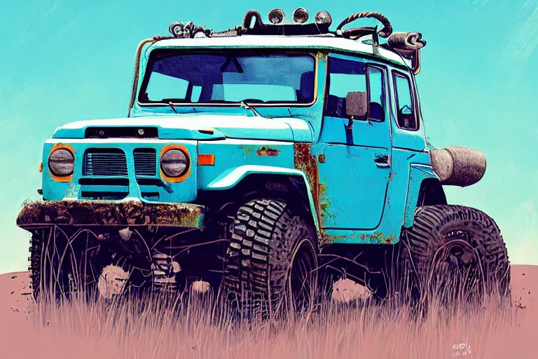 Image similar to digital illustration of a faded cyan mad max's fj 4 0 decrepit!!!! pursuit special, rusty!!! nissan fj cruiser heavily modded 1 9 9 0 s, the last v 8 interceptor by makoto shinkai, ilya kuvshinov, lois van baarle, rossdraws, basquiat