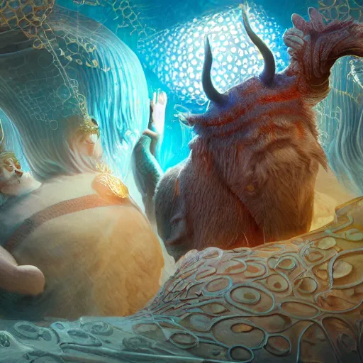 Image similar to greek gods, expressive eyes, floating, rbc, radiolaria, protophyta, micro - organisms, center frame, symmetric, rim light, marine microbiology, bioluminescence, electric, fur, soft, concept art, intricate details, highly detailed, colorful, photorealistic, disney pixar, octane render, iridescent, anime