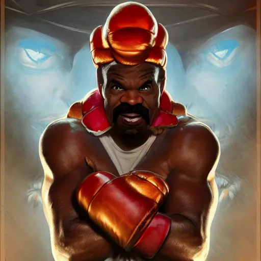 Image similar to steve harvey as balrog from street fighter, boxing gloves, punching, ultra realistic, concept art, intricate details, eerie, highly detailed, photorealistic, octane render, 8 k, unreal engine. art by artgerm and greg rutkowski and magali villeneuve and alphonse mucha
