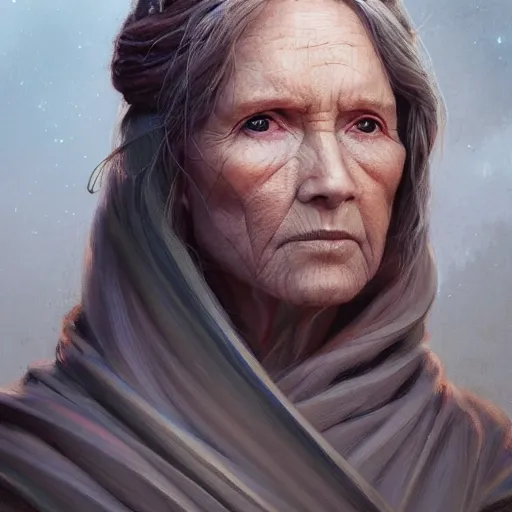 Image similar to portrait of a woman by greg rutkowski, grand jedi master jade skywalker, copper wavy hair, star wars expanded universe, she is about 7 0 years old, wearing jedi robes, wise and serene, highly detailed portrait, digital painting, artstation, concept art, smooth, sharp foccus ilustration, artstation hq