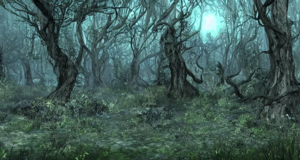 Image similar to A dense and dark enchanted forest with a swamp, from Lineage 2