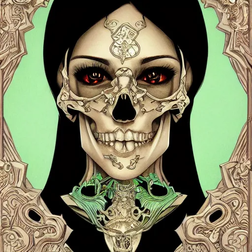 Prompt: anime manga skull portrait young woman skeleton, halo, cerub, religious, intricate, elegant, highly detailed, digital art, ffffound, art by JC Leyendecker and sachin teng