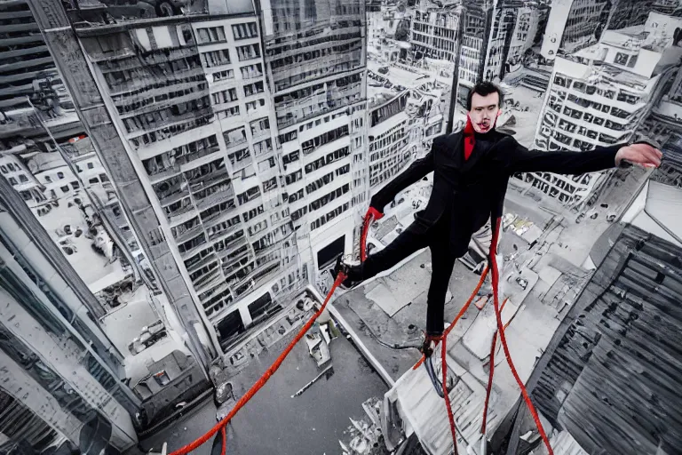 Image similar to photograph of a nervous vampire rope walking on top of a high building and trying to balance himself, wide shot