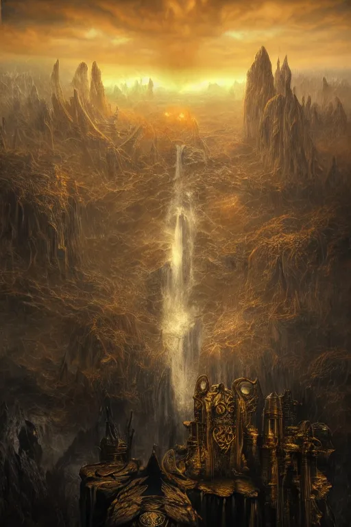 Prompt: aerial view, golden hour, at the dawn of time, golden lighting, nightmare, in a symbolic and meaningful style, dark fantasy city, waterfall, warhammer style, highly detailed, digital painting, trending on artstation, gradient silver to gold, concept art, sharp focus, illustration, octane render, art by artgerm and greg rutkowski and magali villeneuve