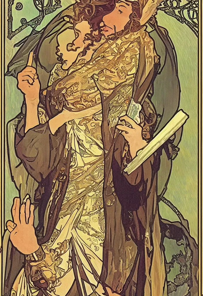 Image similar to old geoffrey hinton as the emperor on a tarot card, tarot in art style by alphonse mucha