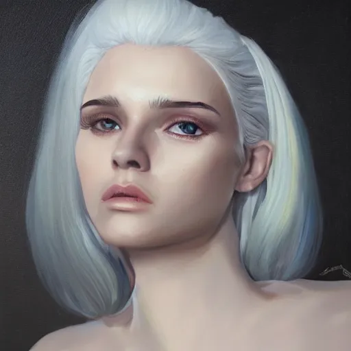 Image similar to a painting of a woman with white hair, white and gold clothes, a character portrait by pogus caesar, featured on cgsociety, photorealism, detailed painting, artstation hd, ultra detailed