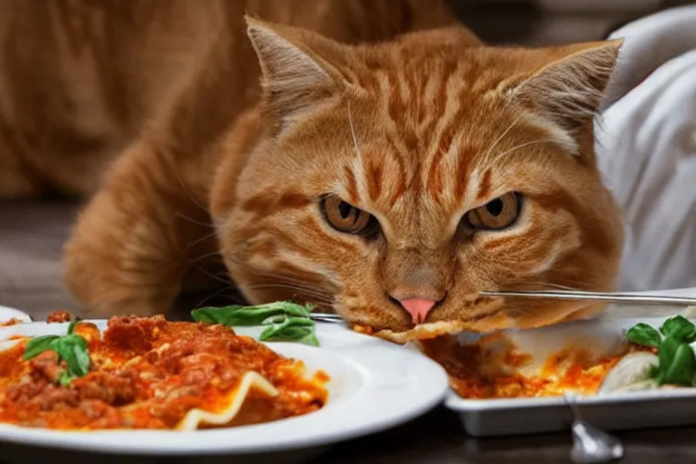 Prompt: large overweight orange cat eating lasagna by Roger Deakins