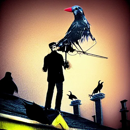 Image similar to A clown on the roof of the church playing with crows, futurist, digital art, dramatic lighting, symbolic