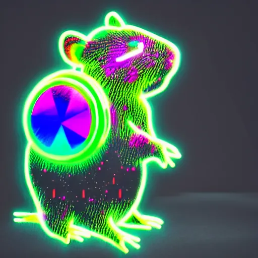 Image similar to cyberpunk hamster made of neon lights holding a rainbow gem crystal, light reflection, 8 k, hd, logo