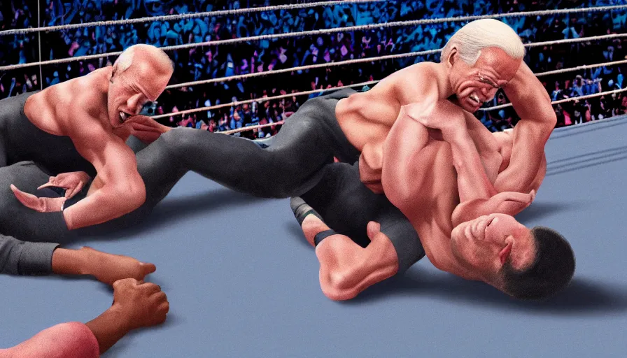 Prompt: Joe Biden wrestling at WWE, hyperdetailed, artstation, cgsociety, 8k