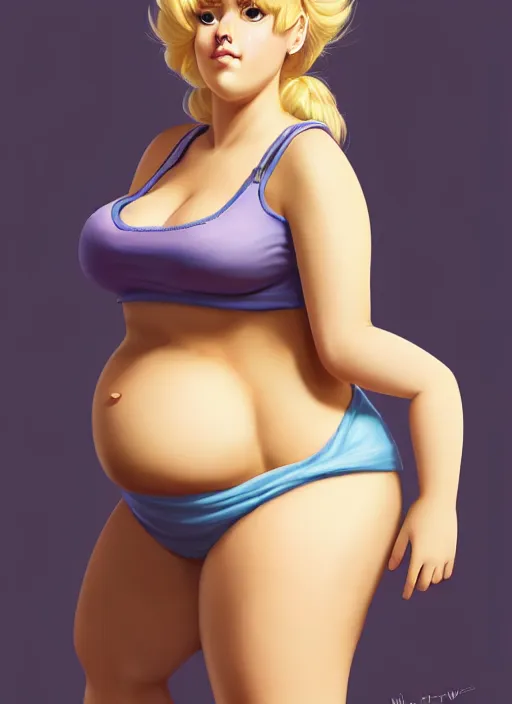 Image similar to full body teenage betty cooper, blonde hair, obese, bangs, ponytail, sultry, realistic, sultry smirk, ponytail, fluffy bangs, curly bangs, fat, belly, beautiful girl, intricate, elegant, highly detailed, digital painting, artstation, concept art, smooth, sharp focus, illustration, art by wlop, mars ravelo and greg rutkowski