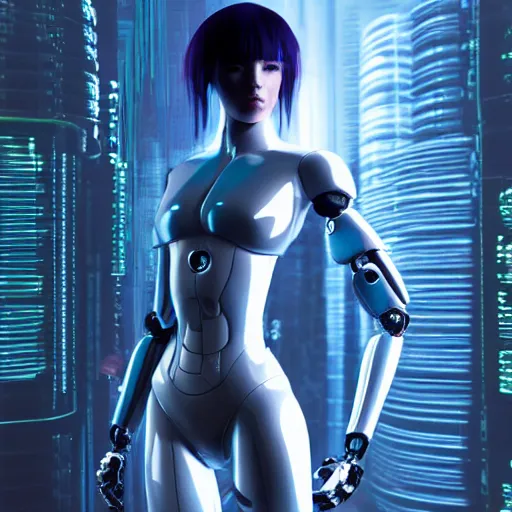 Prompt: Epic masterpiece of a female android robot, by ghost in the shell, full body shot, 8k, iridescant colors.