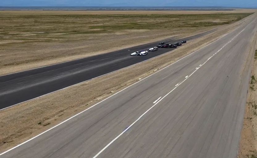 Image similar to An illegal drag race down a long straight highway, deserted, long stretch, open road