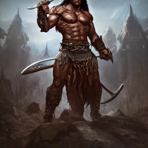 Prompt: conan the barbarian in diablo 3, au naturel, hyper detailed, digital art, trending in artstation, cinematic lighting, studio quality, smooth render, unreal engine 5 rendered, octane rendered, art style by klimt and nixeu and ian sprigger and wlop and krenz cushart