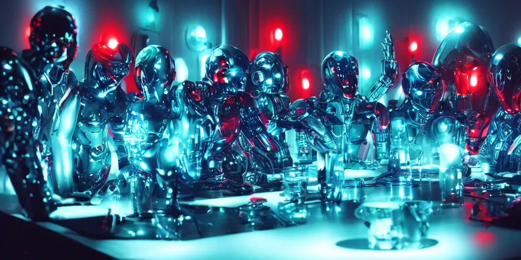 Prompt: !13 diverse cybersuits on !one_side of a reflective !cybernetic table, !!posing_as_last_supper cinematic lighting, detailed glowing red implants, teal, satin, !!highly detailed