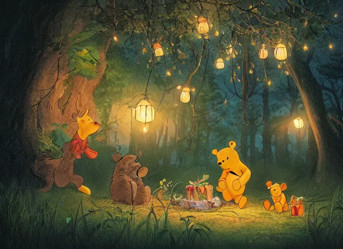 Image similar to concept art of a birthday party in the woods at night with winnie the pooh characters, paper lanterns and fairy lights, detailed, realistic, cel shaded, in the style of makoto shinkai and moebius and peter mohrbacher and james gurney