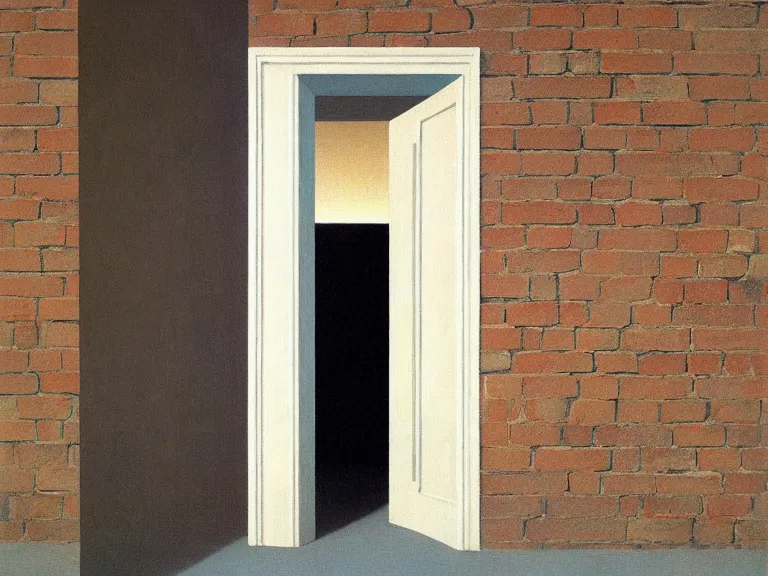 Image similar to an open door to nothingness in brick wall, painting by rene magritte, high detail, high resolution