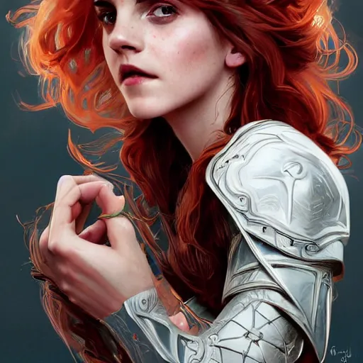 Prompt: a beautiful portrait of emma watson as a red haired vampire sorceresses, leather armor, d & d, fantasy, intricate, elegant, highly detailed, digital painting, artstation, concept art, matte, sharp focus, illustration, art by greg rutkowski and alphonse mucha