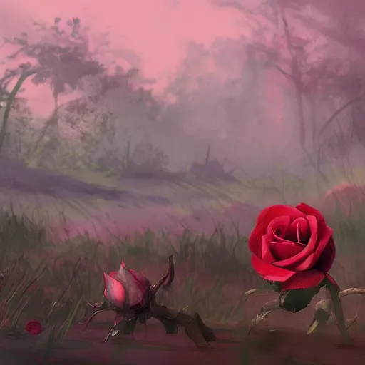 Image similar to a flower in a wasteland, one single flower, red rose, destroyed swampland, dead trees in background, one lone flower, concept art, style of magic the gathering