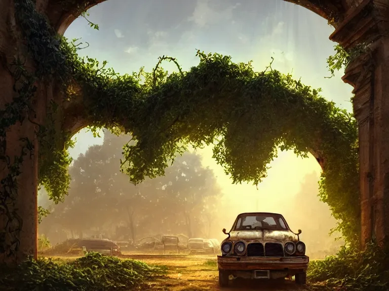 Image similar to a tree growing on a scrap car in ancient greek ruins, gray wasteland, many overgrown scrap cars, pillars and arches, colorful flowers, vines, cinematic, ray of golden sunlight, alphonse mucha, greg rutkowski, trending on artstation, artgerm, breathtaking, smooth, mark arian, award winning