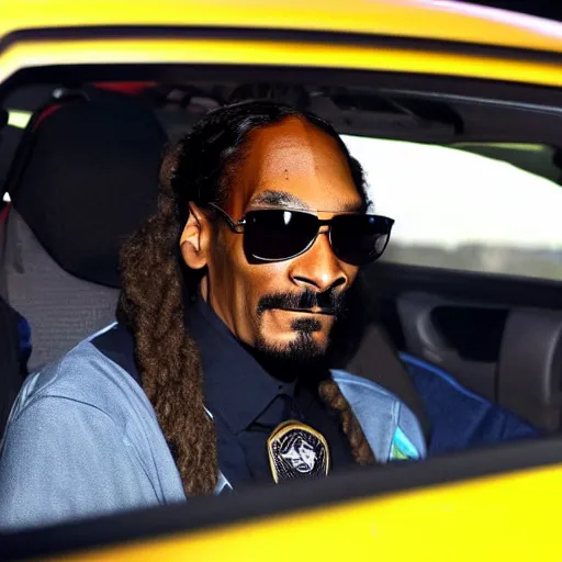 Prompt: Snoop Dogg is sitting in a police car wearing a cap C-13