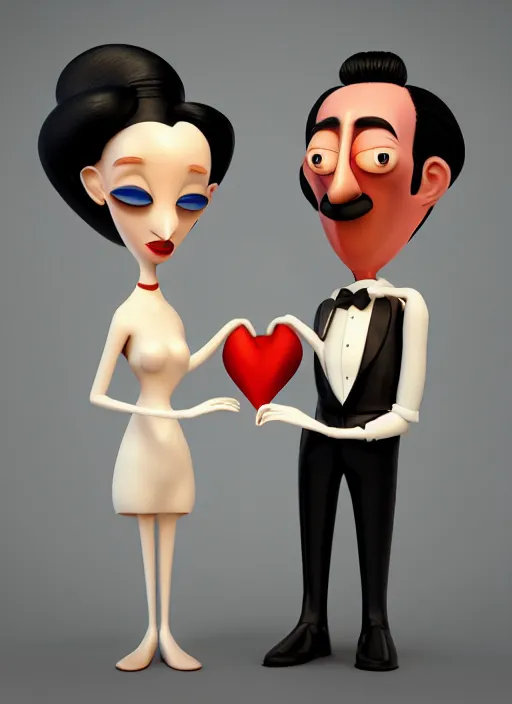 Image similar to style of santiago calatrava and salvador dali, perfectly centered symmetrical balanced male and female portrait of man and woman in love sharing one heart. high coherence ; 3 d cartoon unreal engine pixar 8 k ultra hd