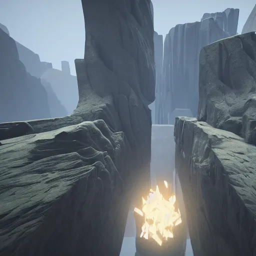 Prompt: chasm surrounded by elevator shafts, blurry, minimalist, unreal engine