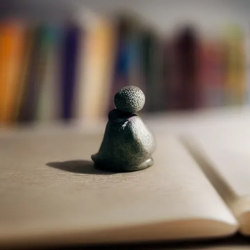 Image similar to a macro photograph of a tiny surrealist sculpture on a bookshelf in the morning sunlight