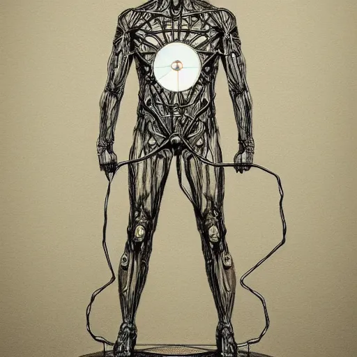 Prompt: a guy standing like the vitruvian man, connected to wires and tubes, wearing goggles, cybernetic, dystopian, Neo Rococo Expressionist, Maximalism, orientalism, diffuse lighting, fantasy, intricate, elegant, highly detailed, lifelike, photorealistic, digital painting, artstation, illustration, concept art, smooth, sharp focus, art by John Collier and Albert Aublet and Krenz Cushart and Artem Demura and Alphonse Mucha