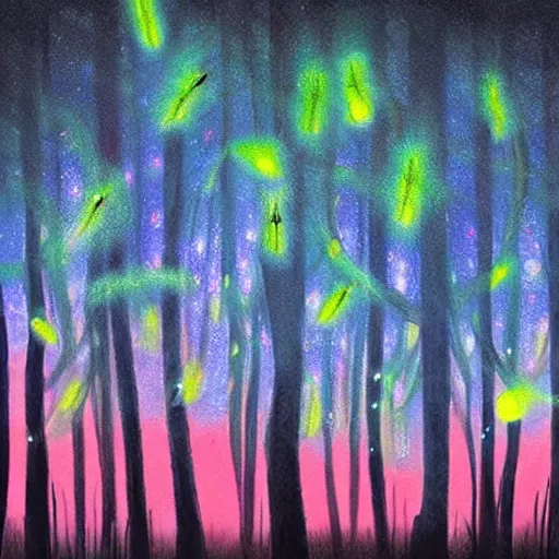 Image similar to a beautiful matte painting of glowing Fireflies in an amazing forest in the night, by artist, artist and artist. Trending online